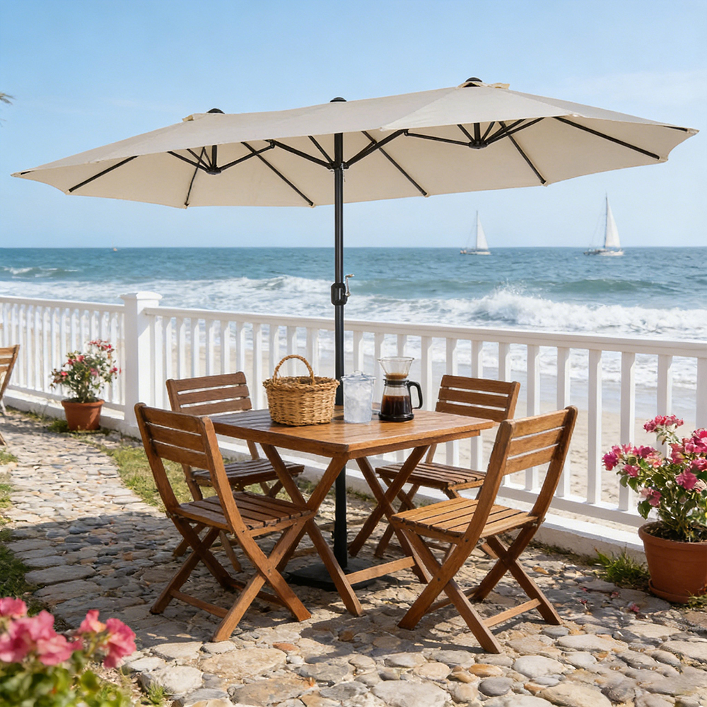 Parasol patio double 15pi blanc crème, manivelle, très grand