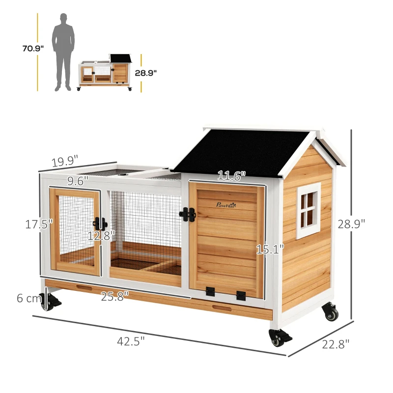 Clapier en bois avec roues pour lapin, jaune