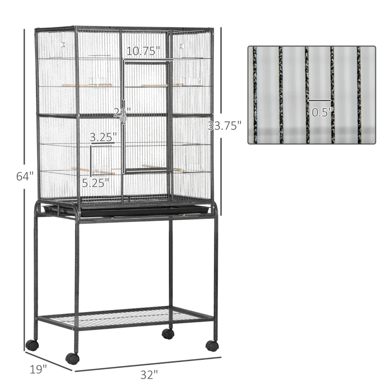 Cage à oiseaux mobile avec étagère et perchoir bois