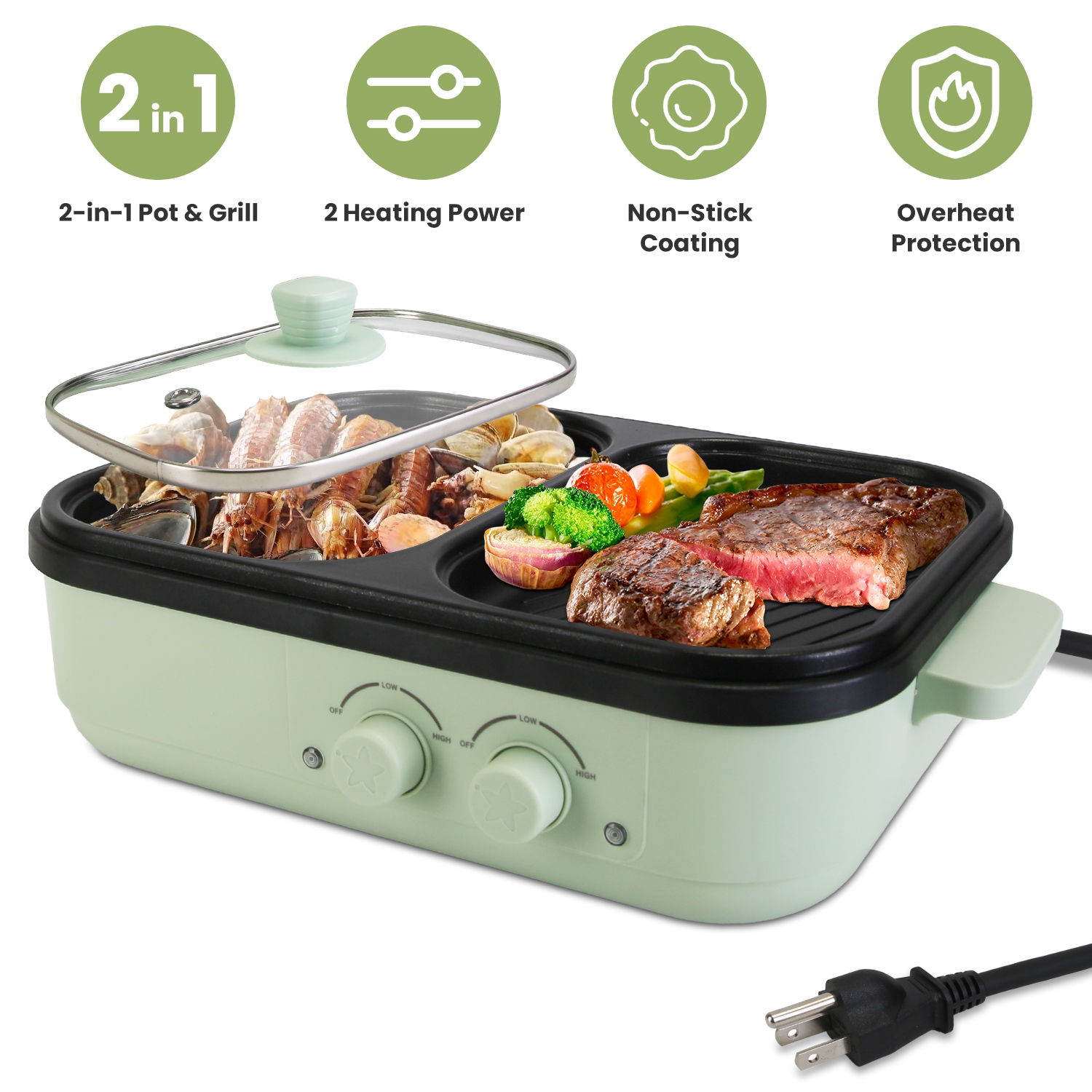 Marmite électrique 2-en-1 gril poêle, chauffage rapide 1-2p
