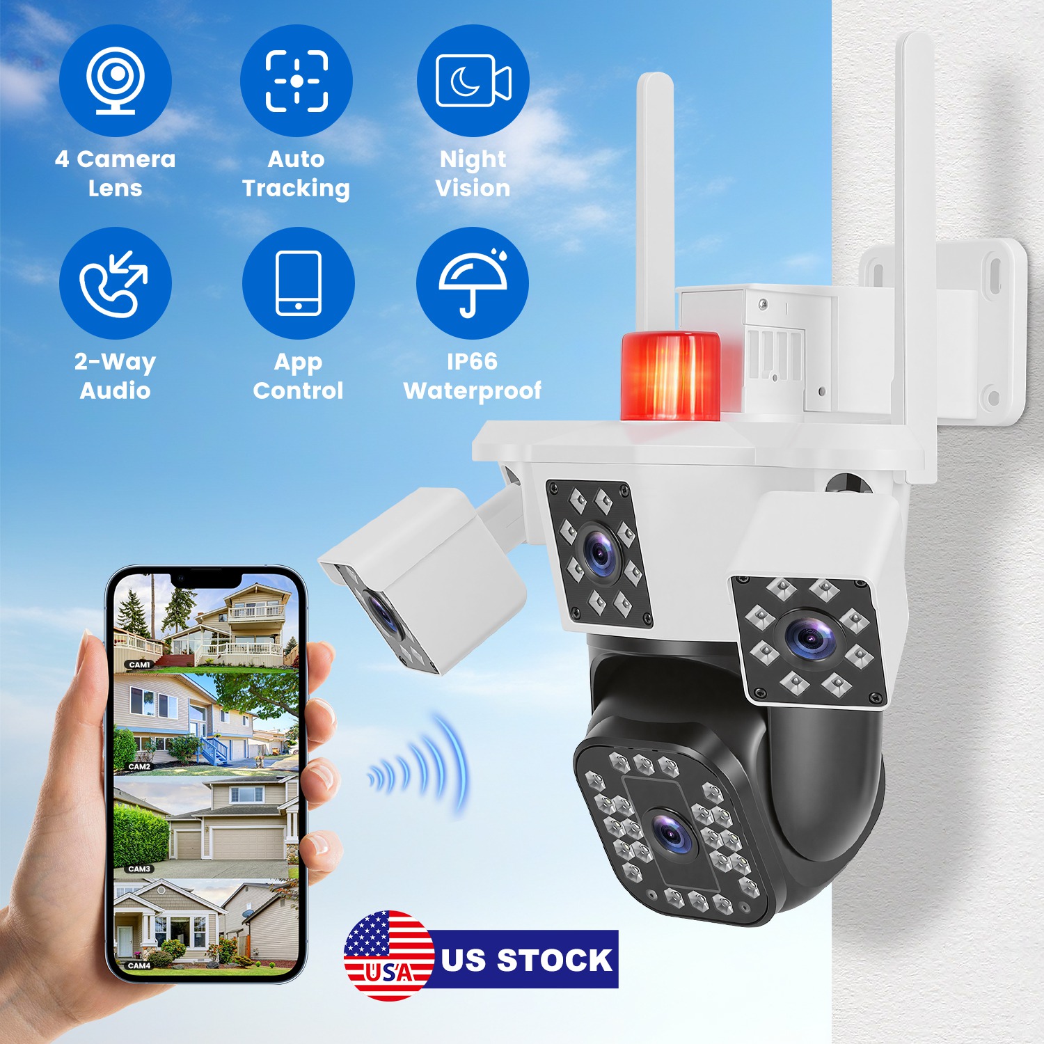 Caméra surveillance 1080P 4 lentilles WiFi 360° vision nocturne