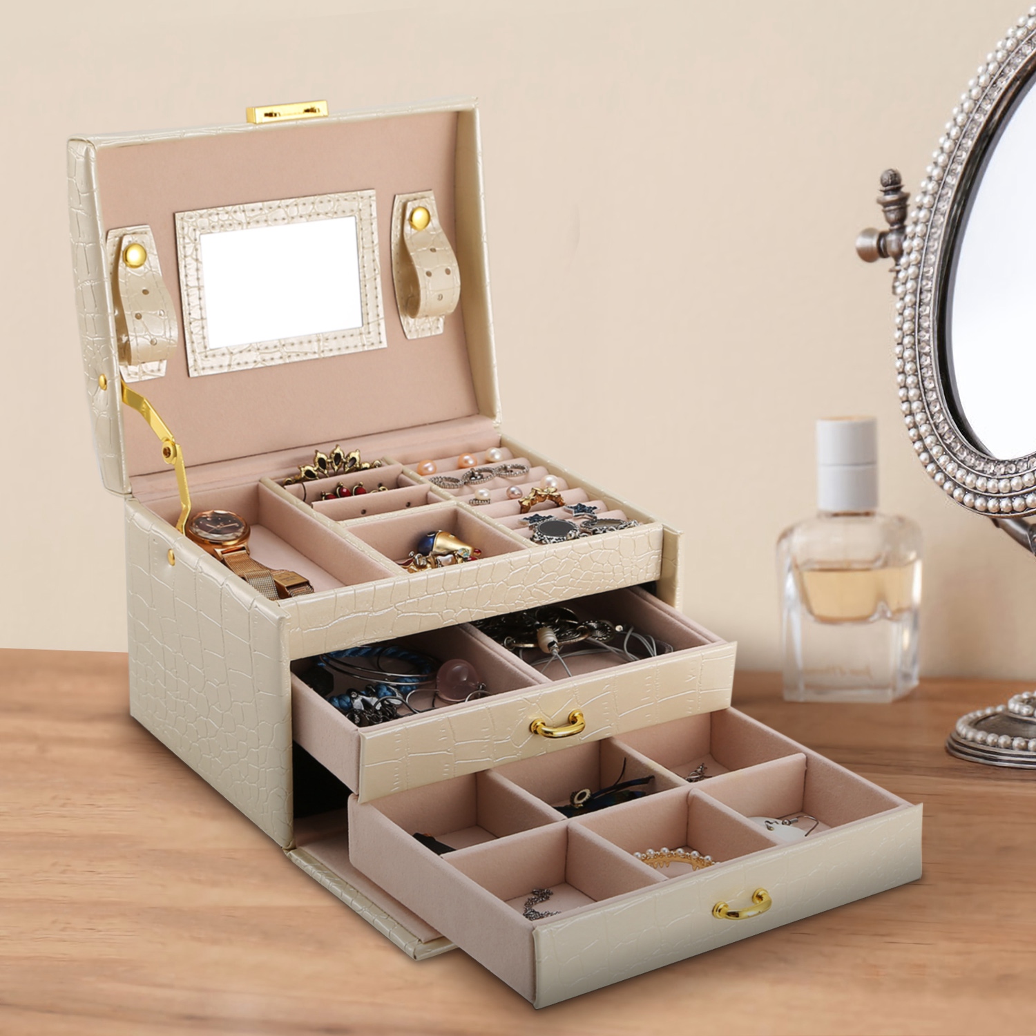 Boîte bijoux organiseur 3 étages cuir PU miroir