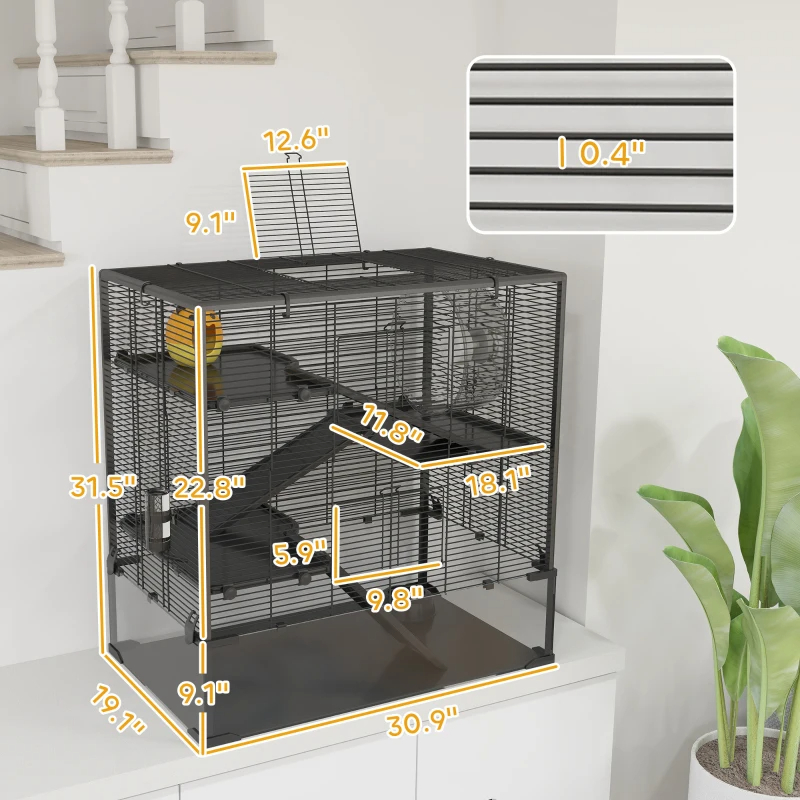 Cage hamster 4 niveaux, verre trempé, roue, cabane, eau nourriture