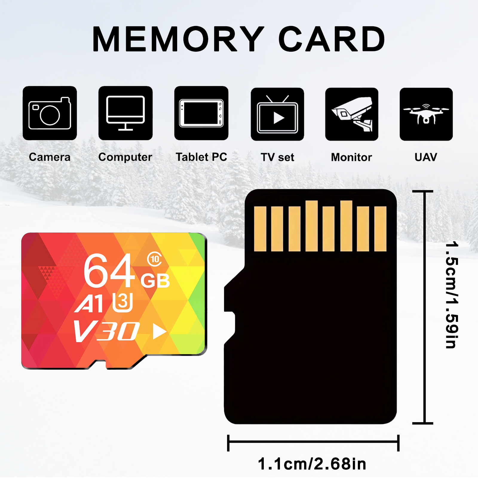 Carte SD 64GB 3-pack A1-U3-V30, caméra, dash cam, tablette