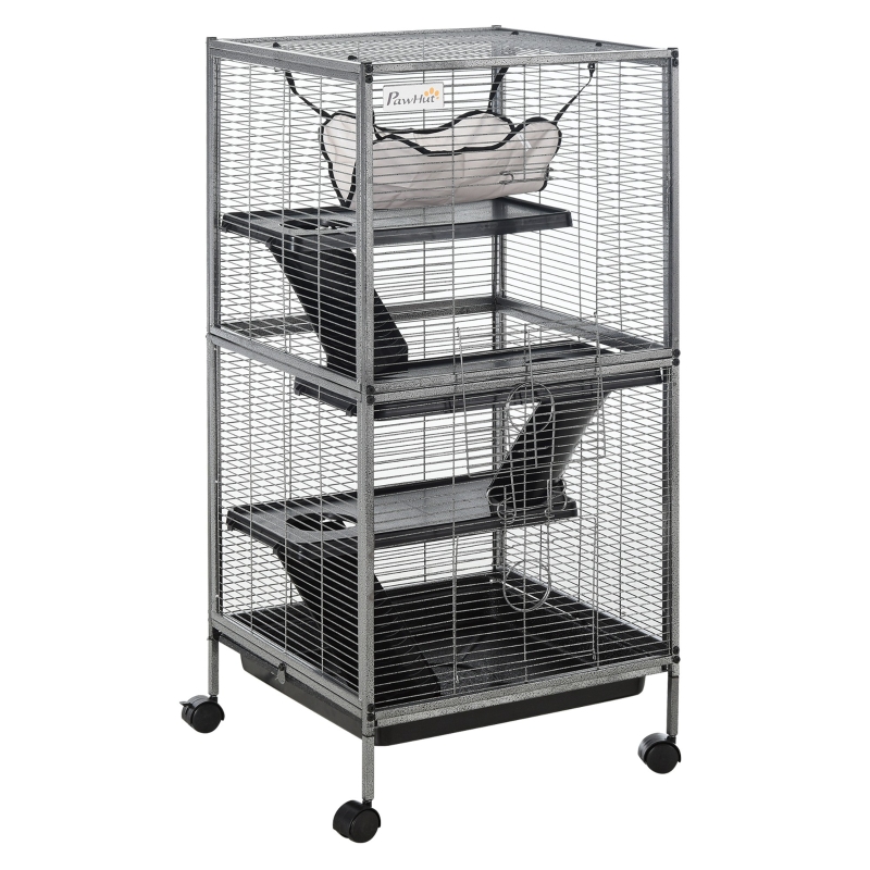 Cage Petit Animal Métal Roulettes 4 Étages Gris Harnais