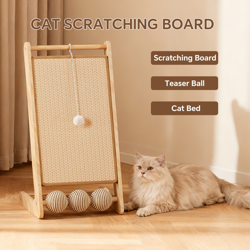 Griffoir chat sisal vertical balles cadre bois jeu boules