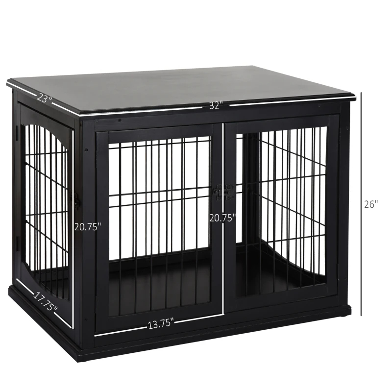 Cage chien meuble 32 po petite, table, 2 portes, noir