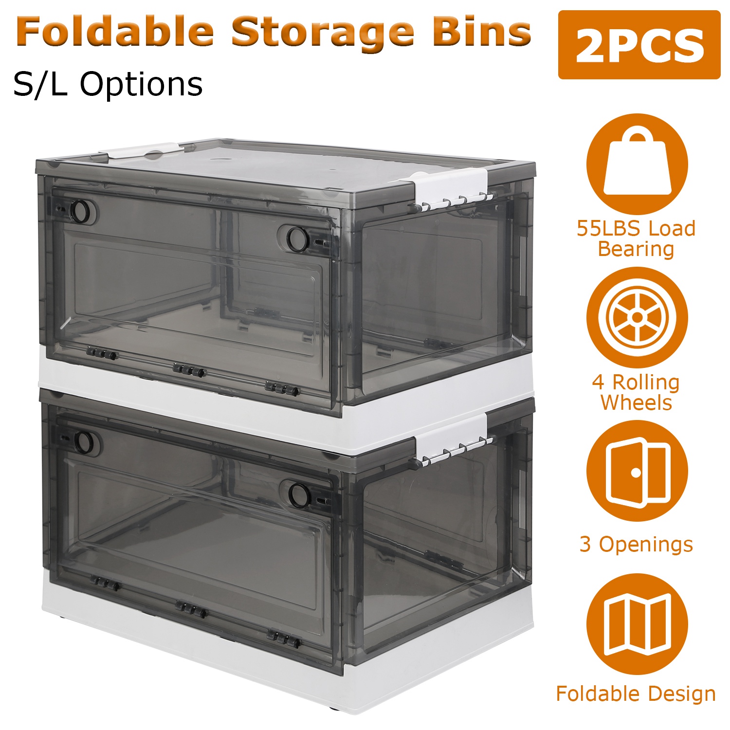 Ens. 2 bacs rangement pliable, roulettes, portes doubles