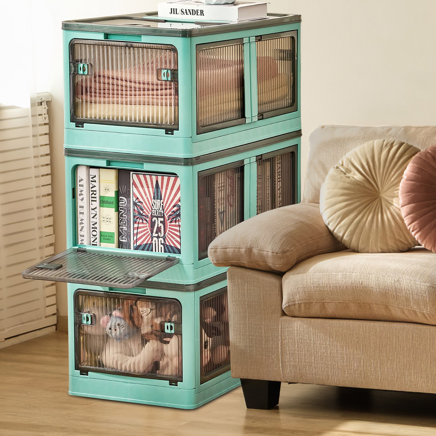 3 Bacs rangement pliables couvercle, 4 portes, 4 roues, organiseur