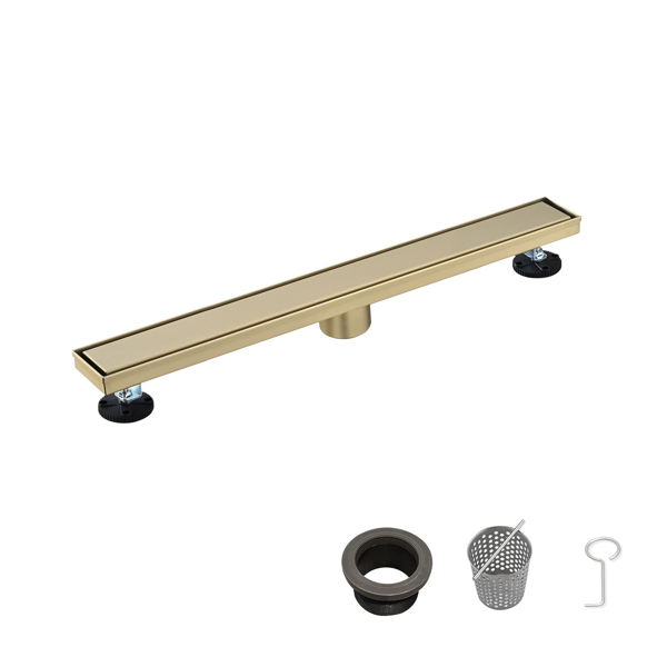 Drain linéaire douche 24po 2 en 1 acier inox 304 or brossé, pieds nivellement