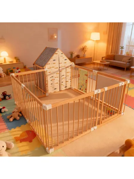 Parc bébé bois naturel 10 panneaux pliable, porte, jouets intégrés