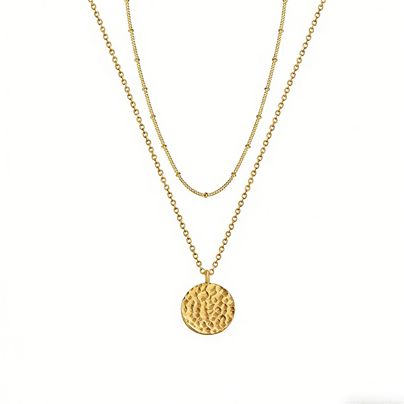 Collier chaîne or 14K plaqué, pendentif pièce, multicouche, femme