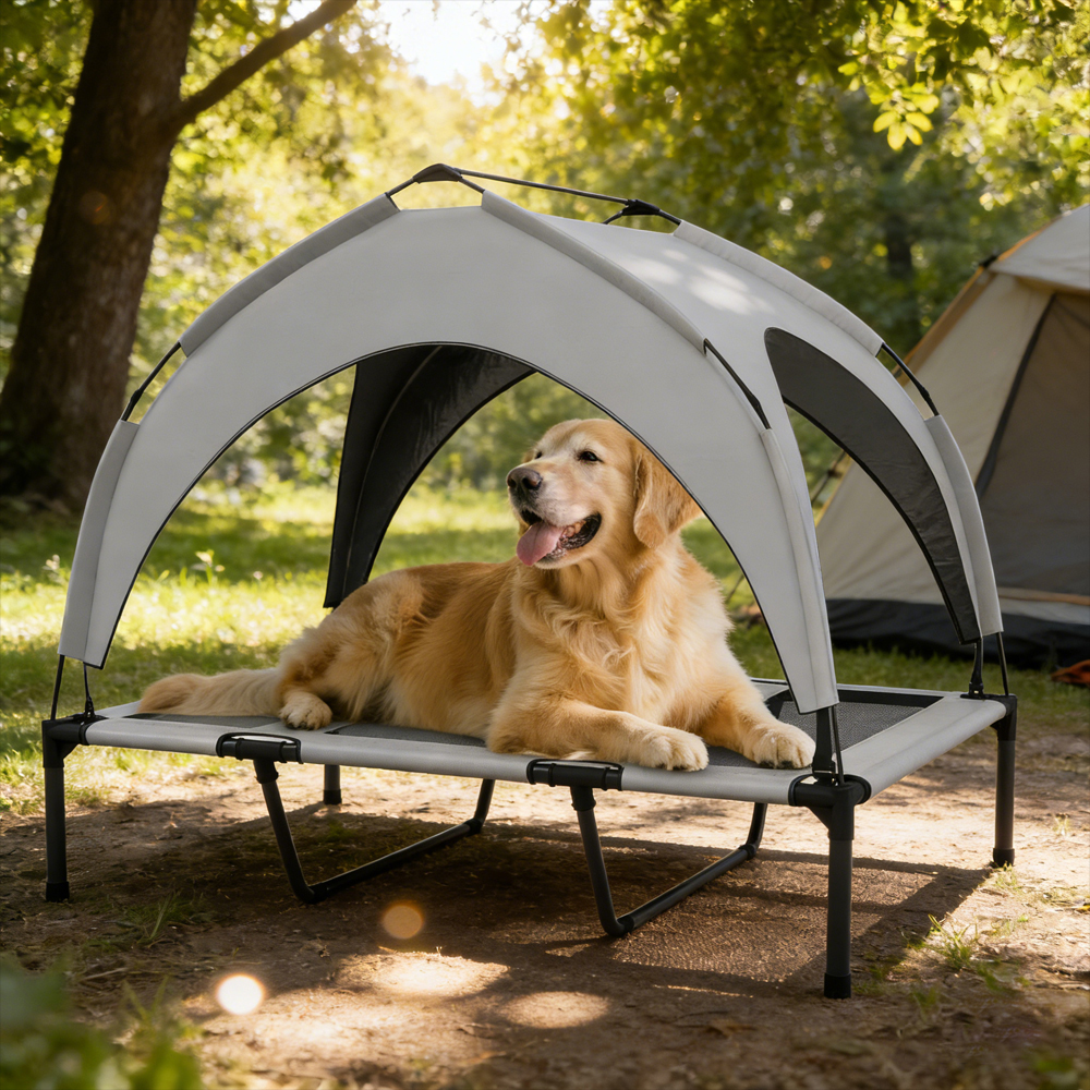 Lit chien surélevé avec dais, camping, maille
