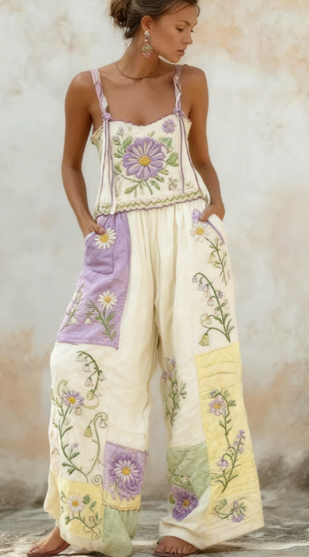 Combinaison patchwork floral bohème rose brodée