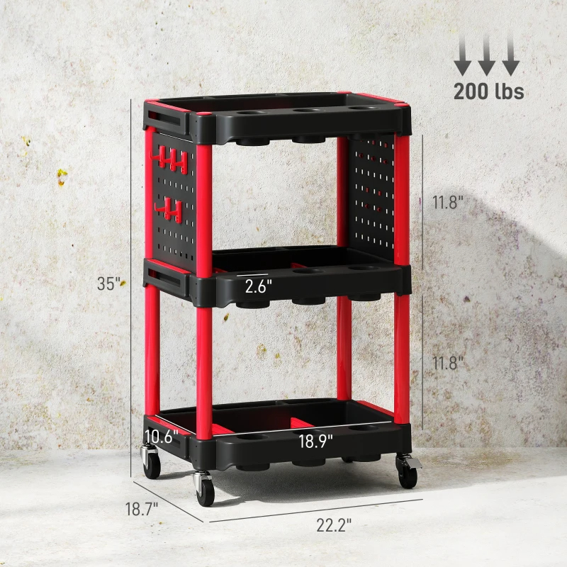 Chariot outils 3 étages 200 lb plastique noir rouge