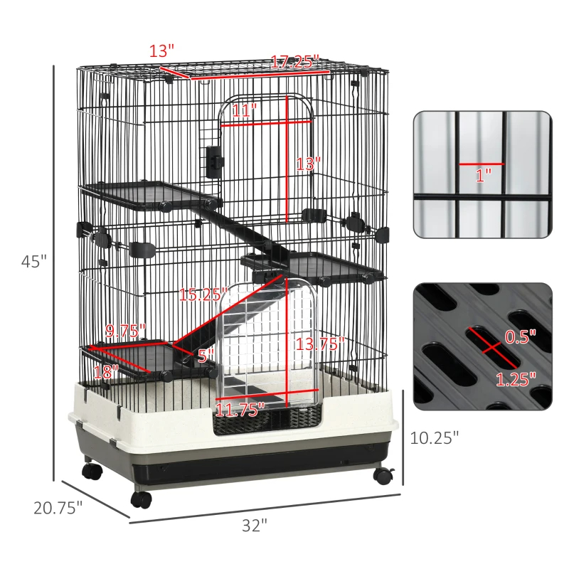 Cage petit animal 4 étages, roues verrouillables, noir, furet lapin