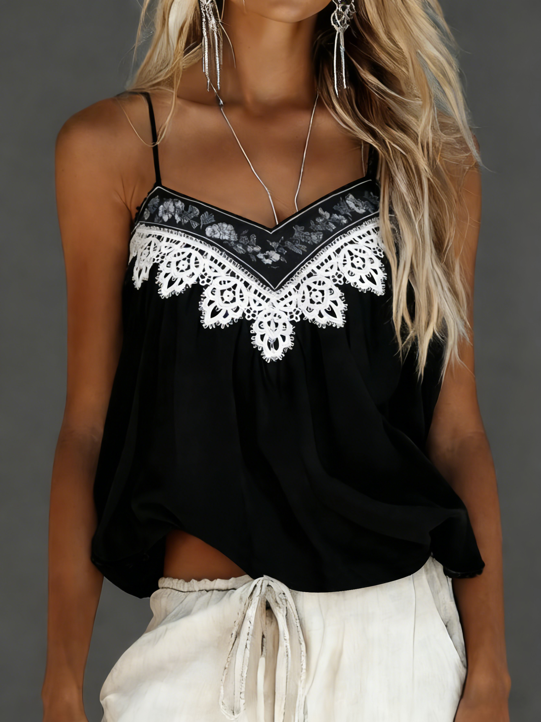 Camisole bohème rétro géométrique dentelle col V