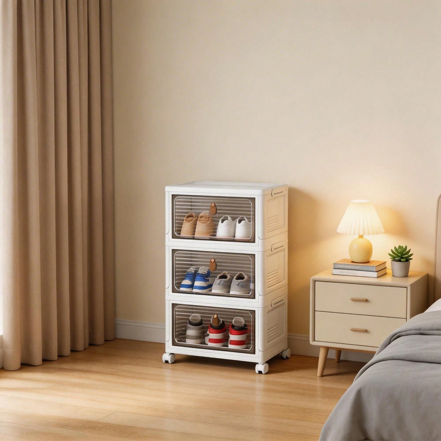 Boîte rangement chaussures plastique antipoussière 3 étages empilable