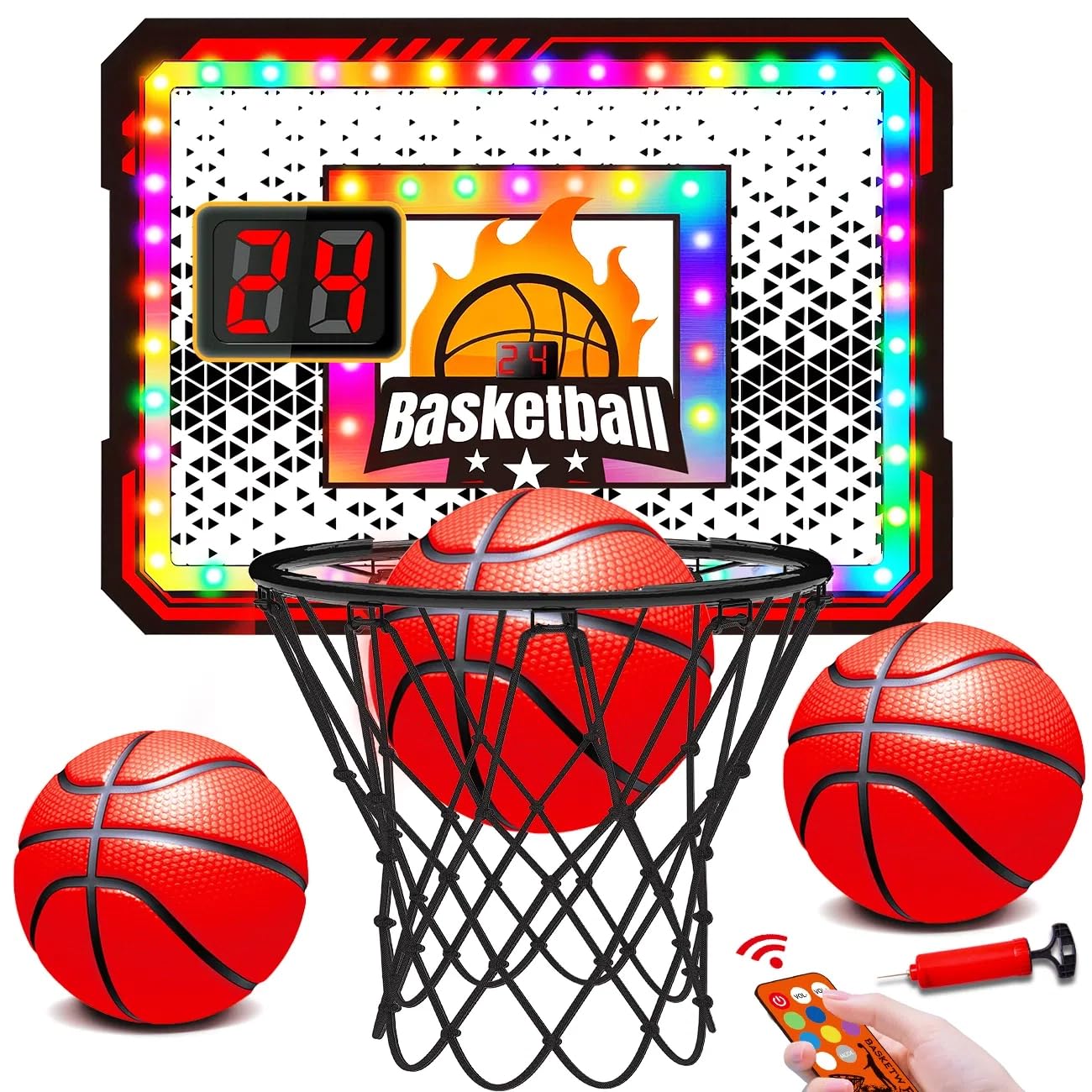 Panier basketball intérieur LED 6 couleurs, télécommande, 3 balles
