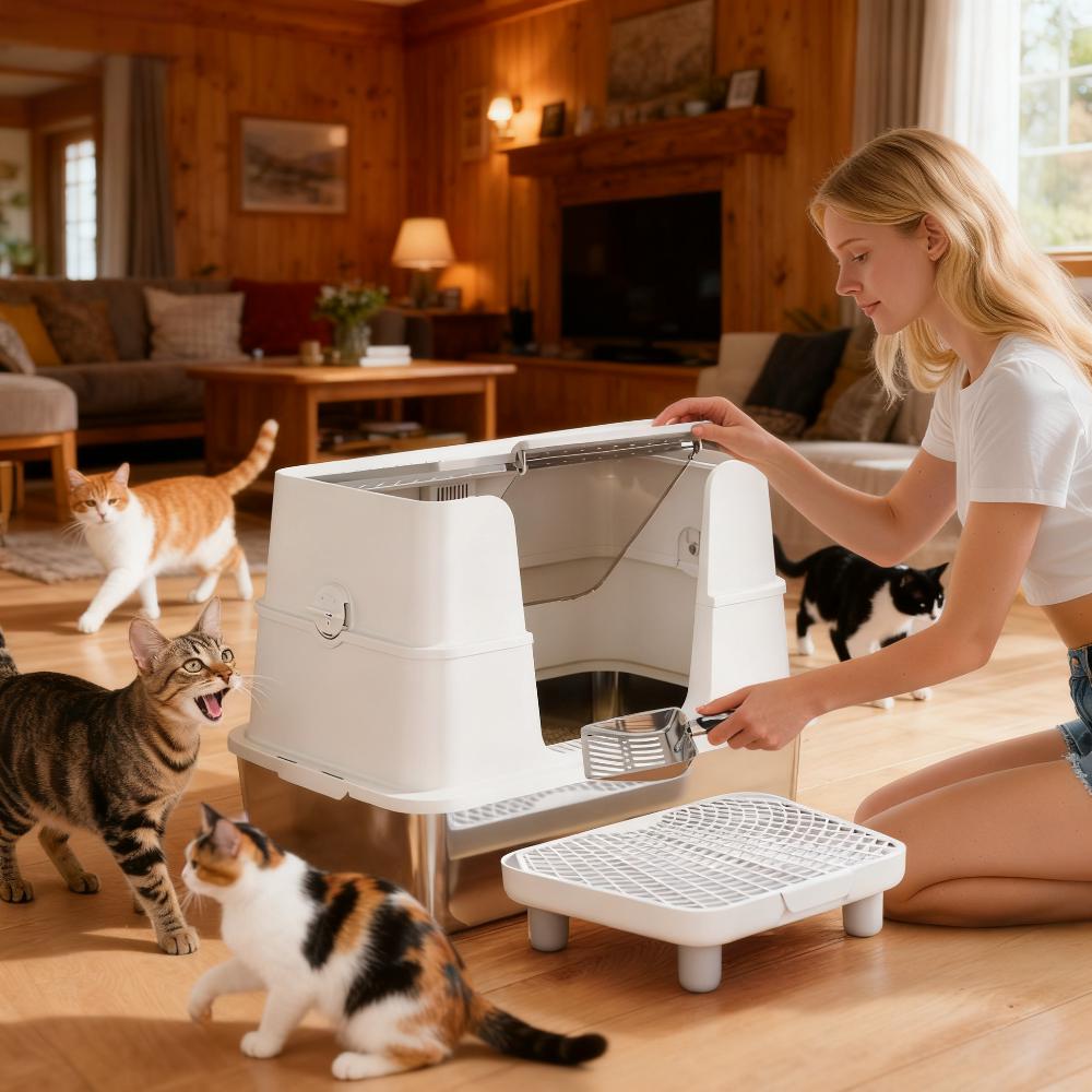 Bac litière chat entrée top/côté, couvercle retractable