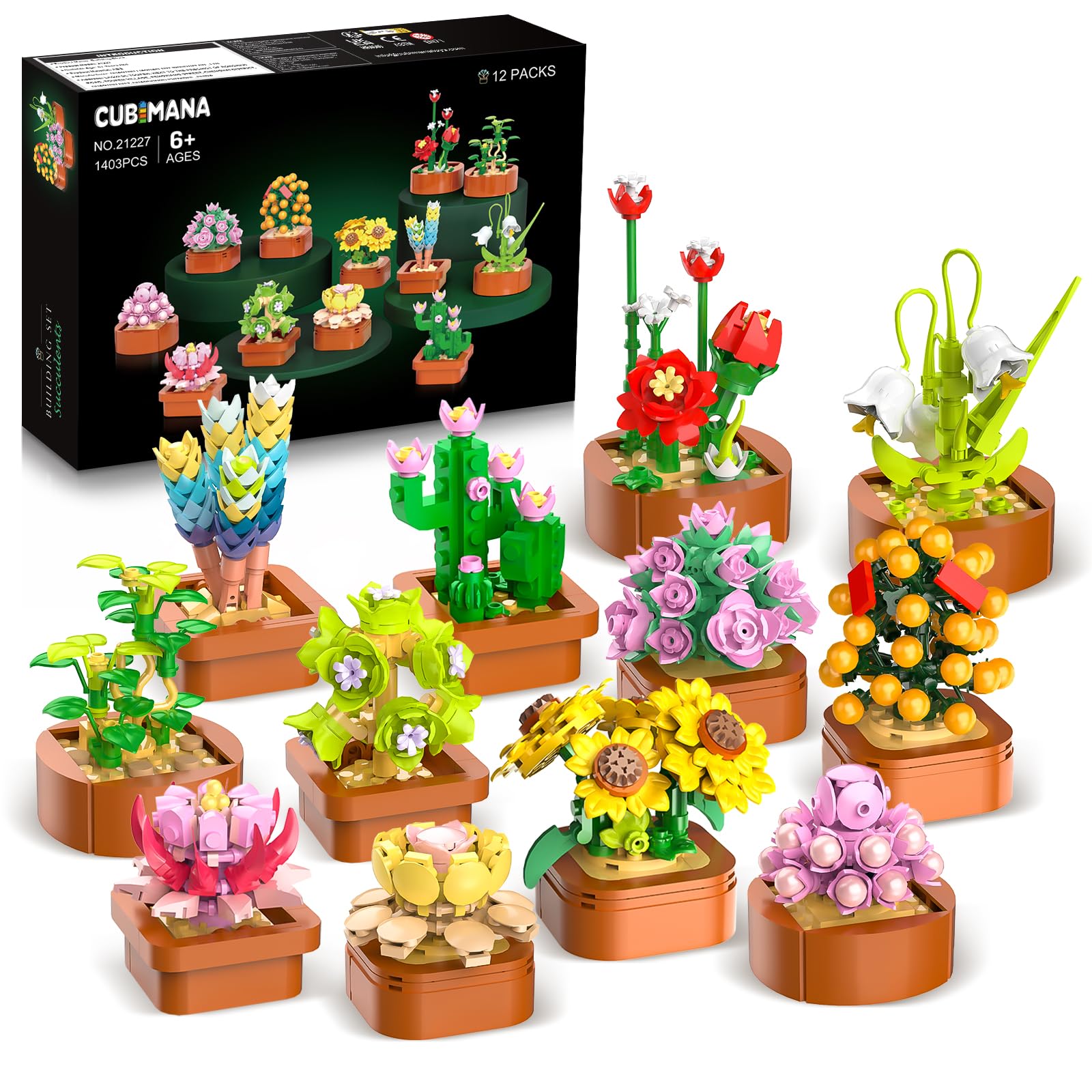Ensemble construction 12 fleurs succulentes 1403 pièces, décor, 3,6MM