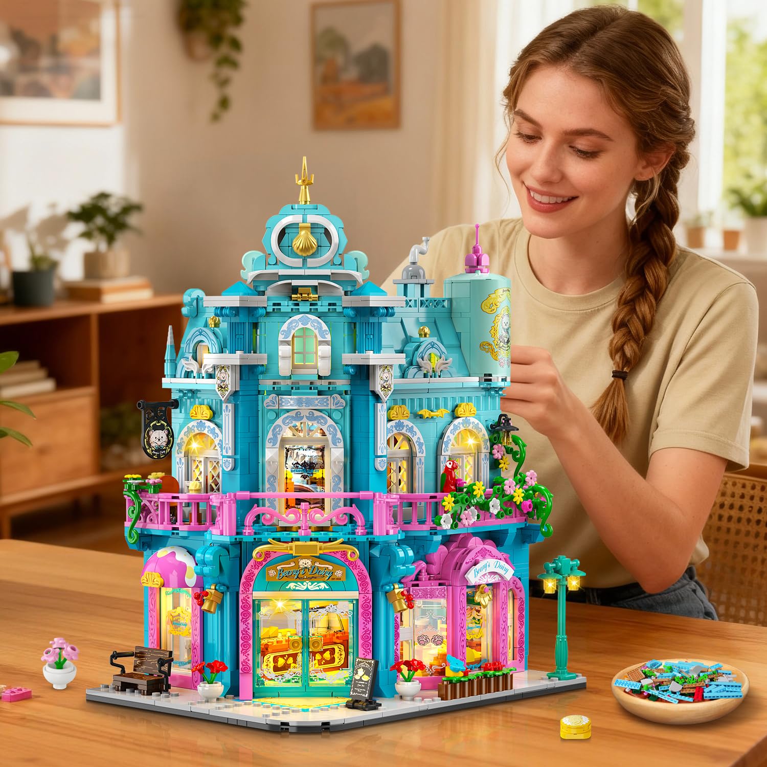 Set château boulangerie laiterie avec lumière blocs construction