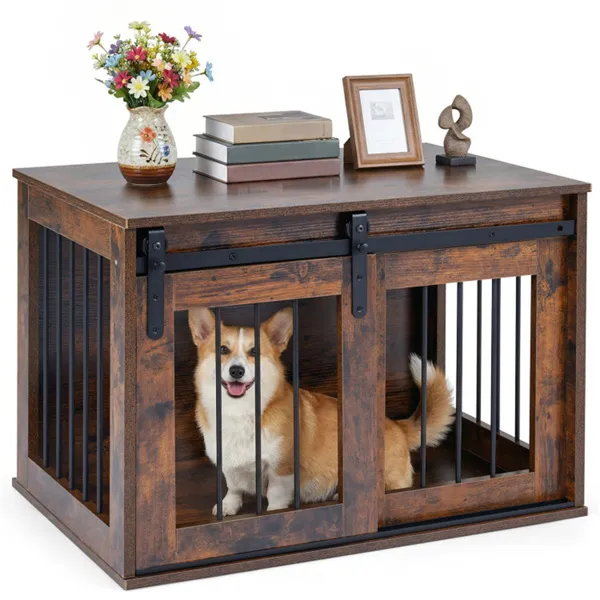 Meuble cage chien 31,5" porte grange brun rustique