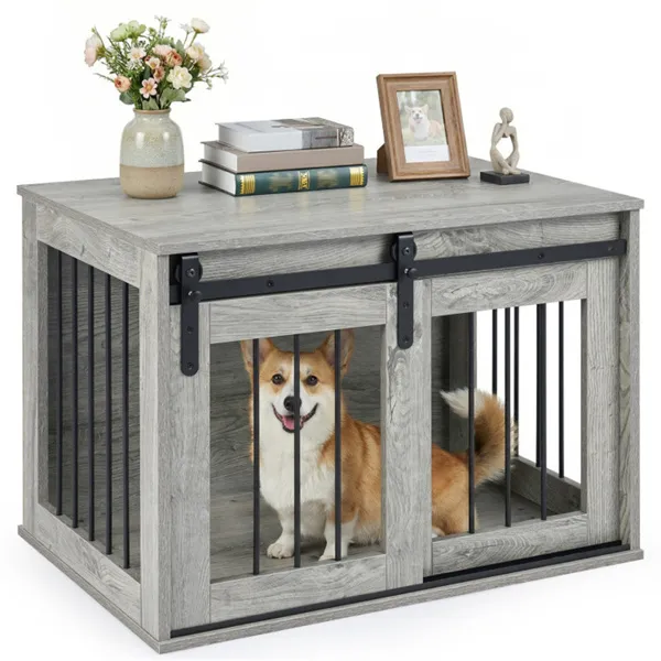 Meuble cage chien 31,5" porte grange gris