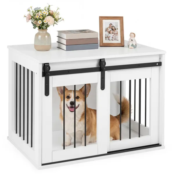 Meuble cage chien 31,5" porte grange blanc