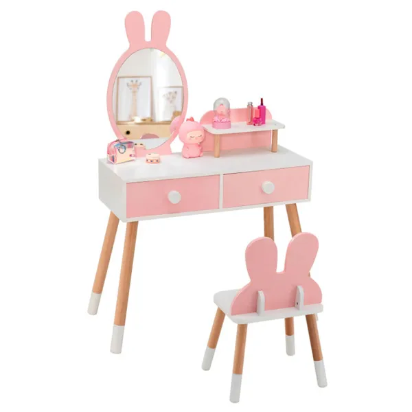 Coiffeuse 2-en-1 enfant rose, miroir amovible