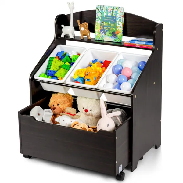 Rangement enfants brun foncé, grande capacité, étagère, coins sûrs