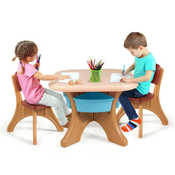 Table enfants brun 2 chaises 4 rangements, intérieur/extérieur