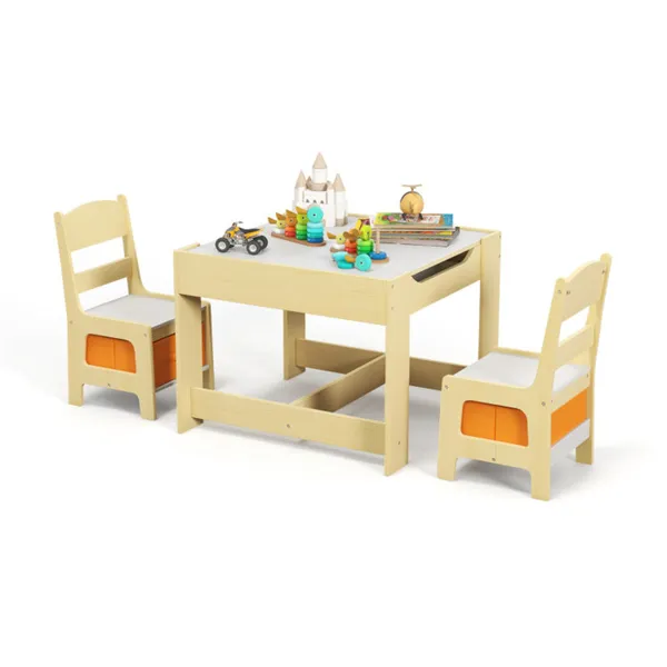 Table activité enfants 2en1 chaises tableau blanc/noir rangement MDF 3-7 ans naturel