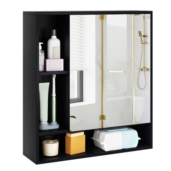 Armoire salle bain 2 en 1 miroir, noir, rangement caché