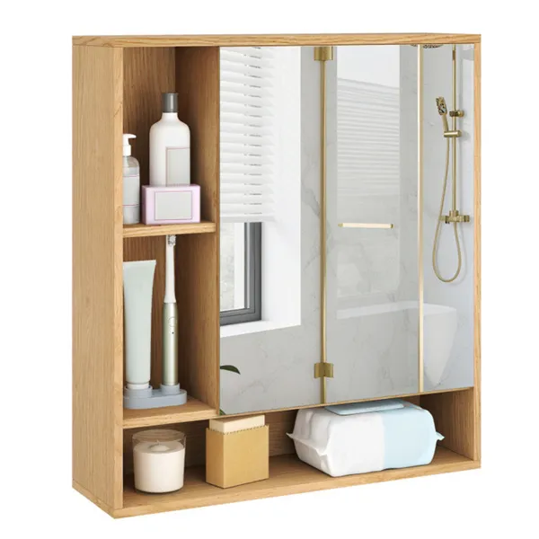 Armoire salle bain 2 en 1 miroir, naturel, rangement caché