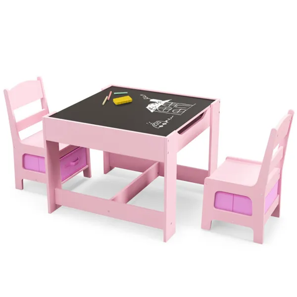 Table activité enfants 2en1 chaises tableau blanc/noir rangement MDF 3-7 ans rose