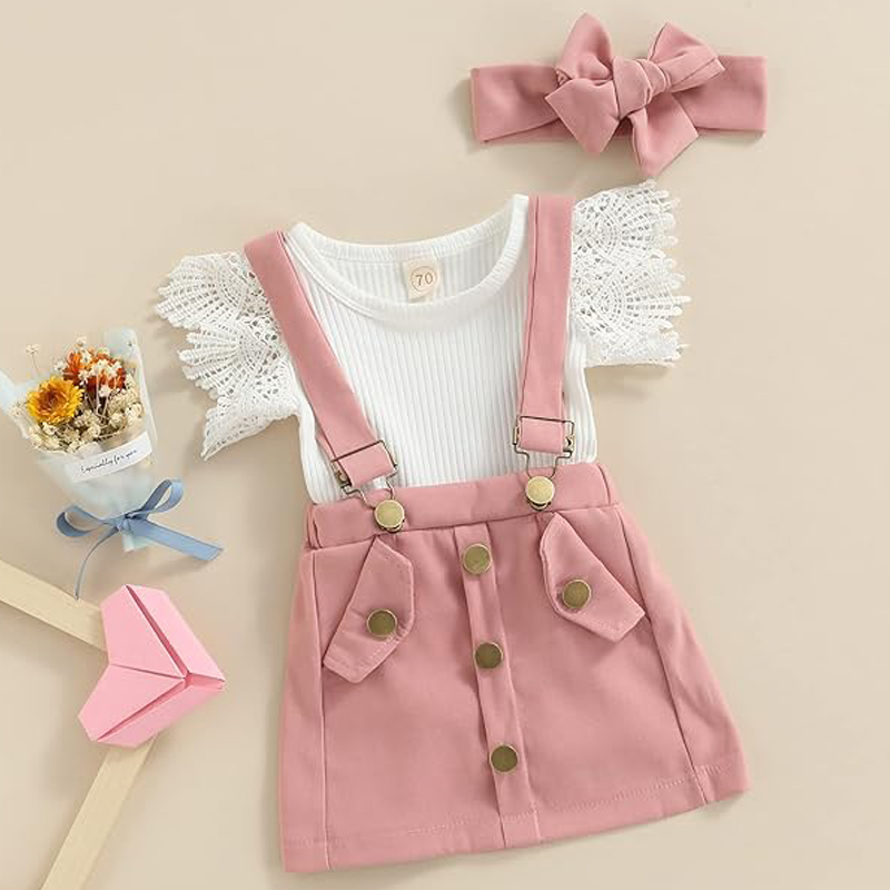 Ensemble 3 pcs bébé fille, vêtements été, barboteuse volants côtelée