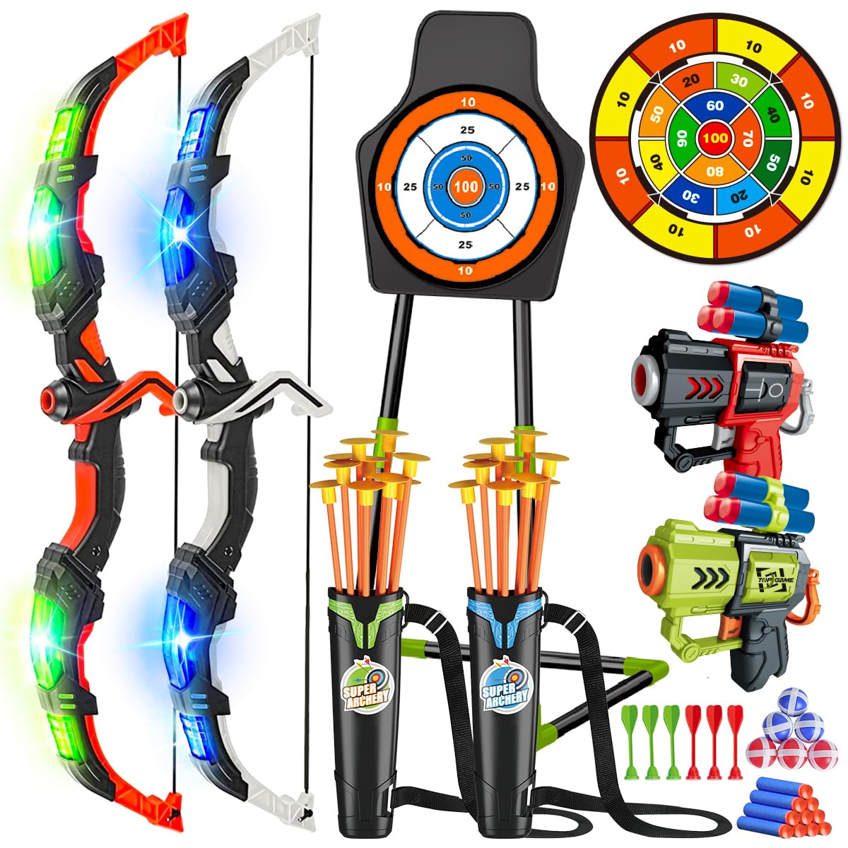 VATOS Arc et flèches LED, jeu 4 en 1, 20 flèches ventouses