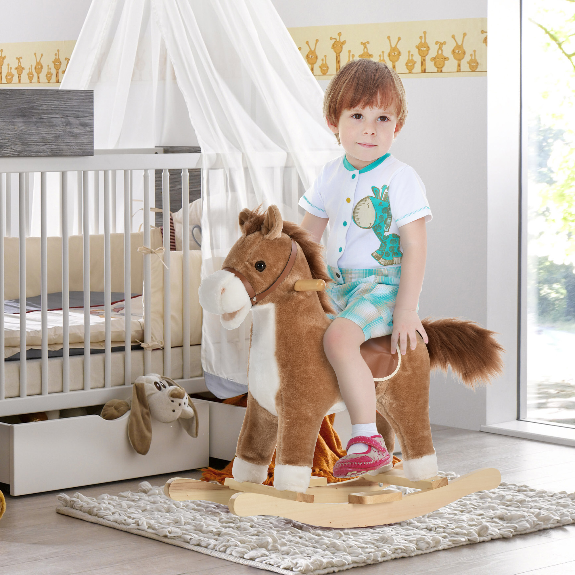 Cheval à bascule peluche sons - brun