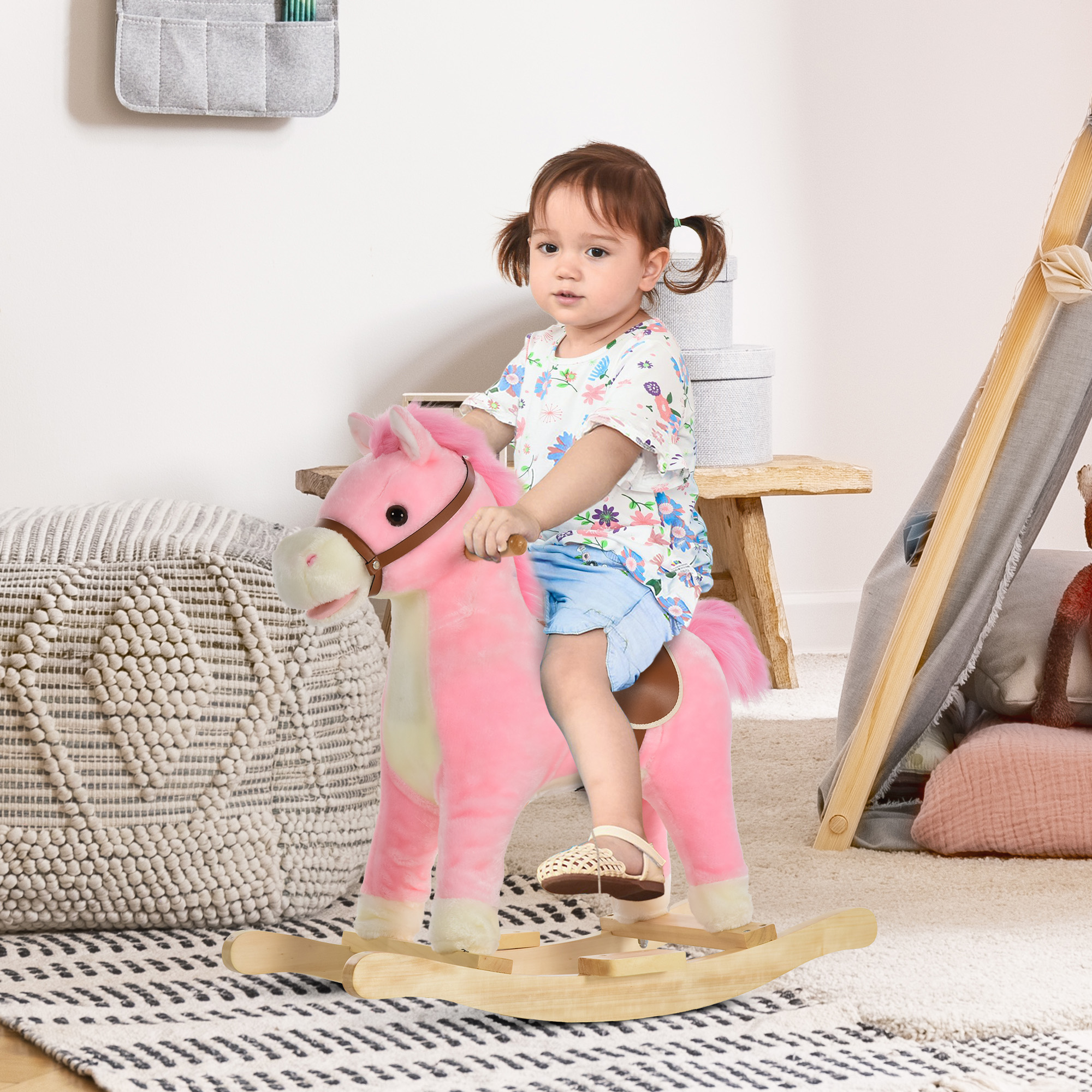 Cheval peluche à bascule sons, bouche mobile queue qui remue rose