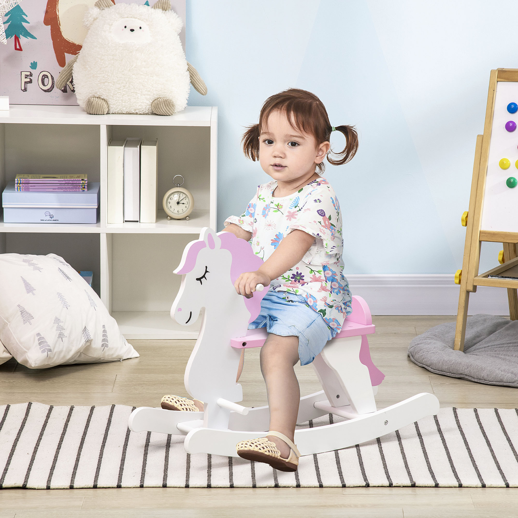 Cheval bascule bois petit enfants rose blanc 1-3 ans