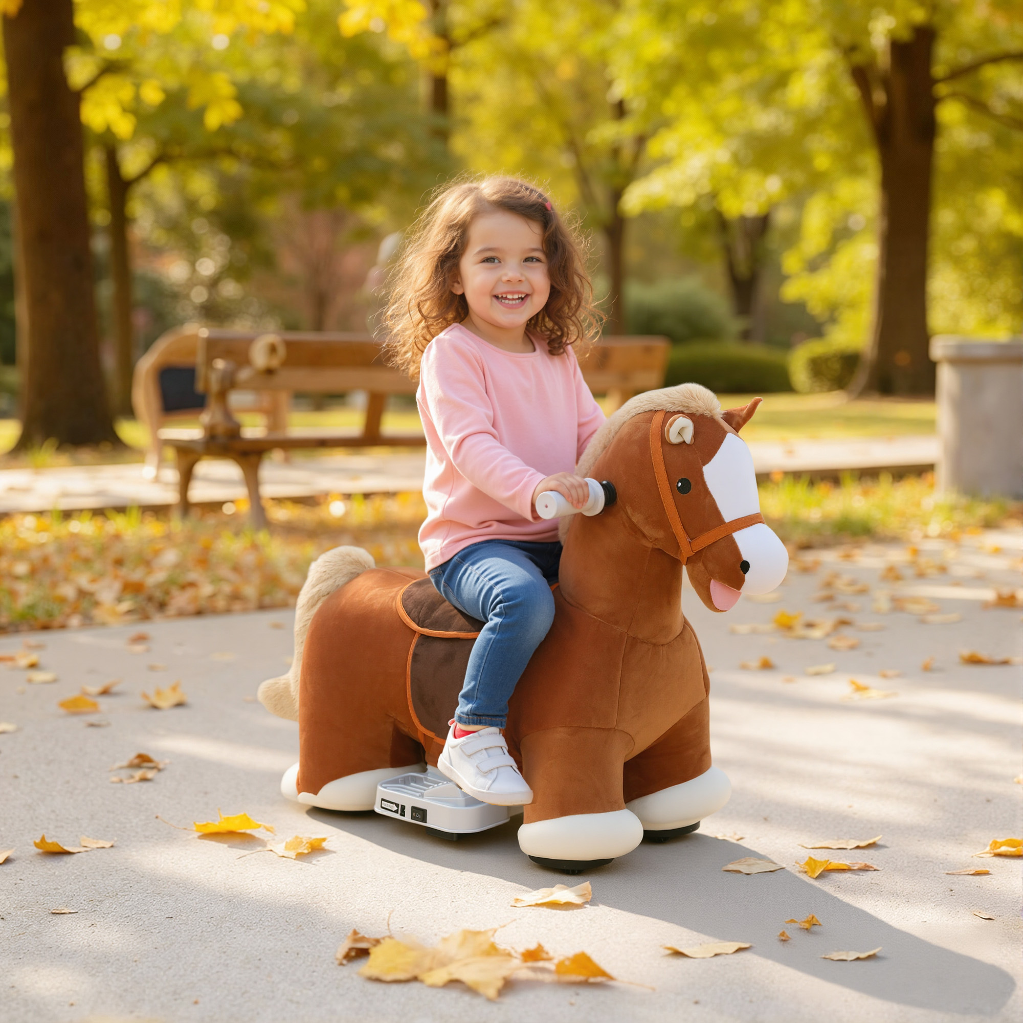 Cheval motorisé 6V avec musique, pédale, housse lavable