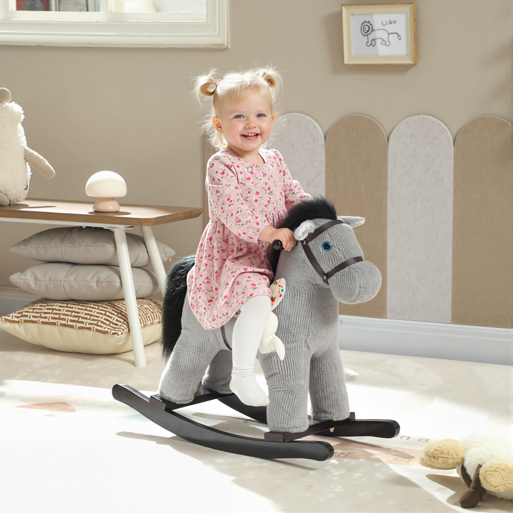 Cheval à bascule peluche néigement réaliste gris 2-5 ans