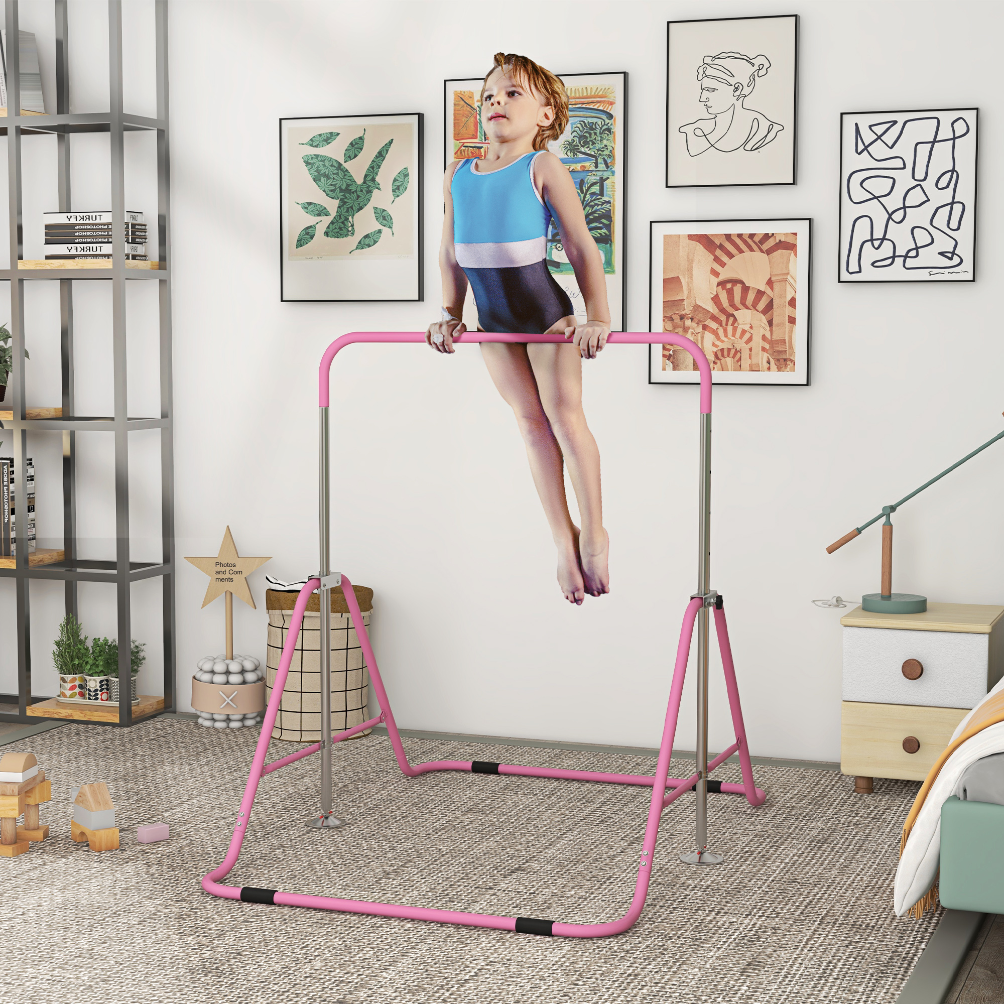 Barre de gymnastique enfant, hauteur ajustable, rose bonbon