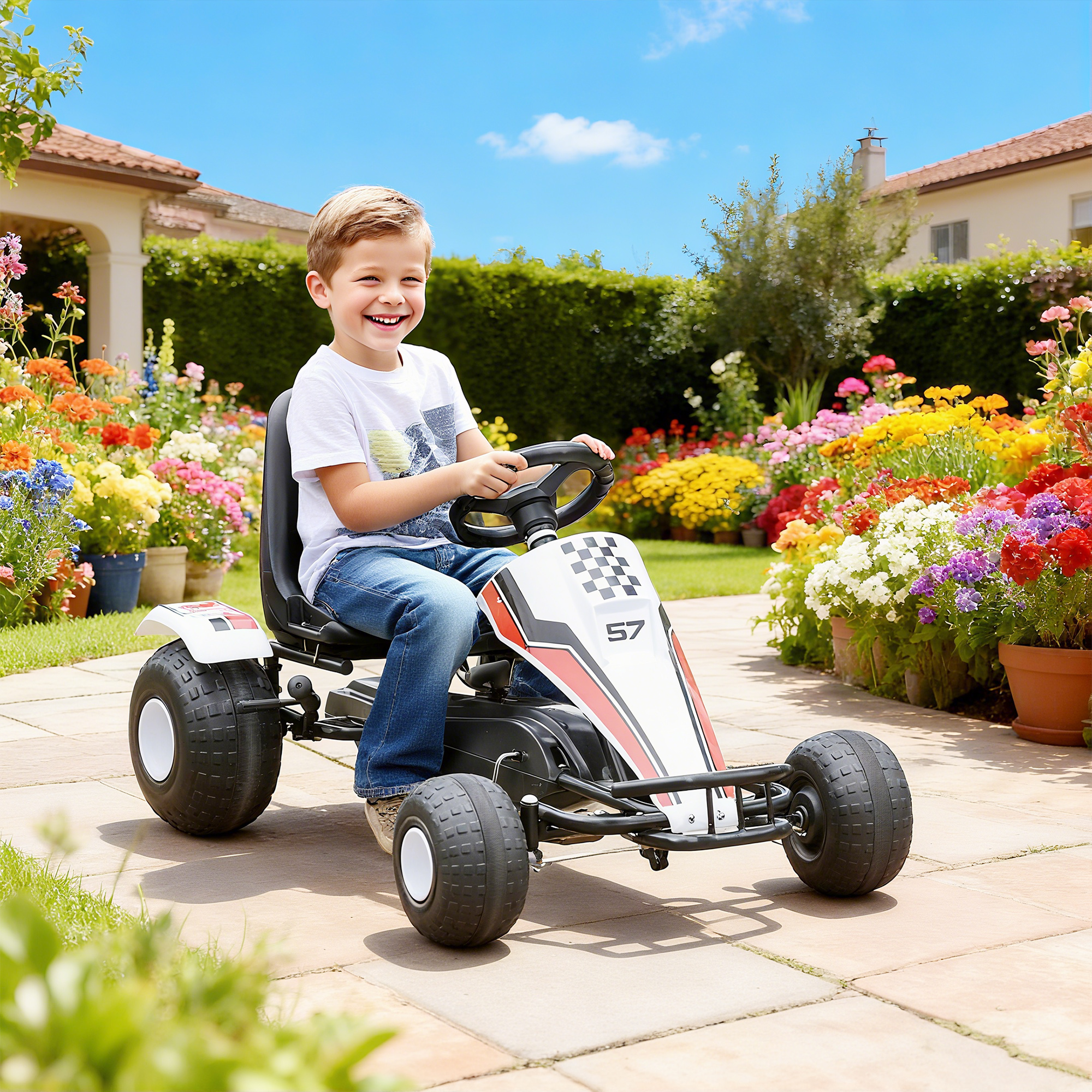 Go-kart pédale enfant style course, siège ajustable blanc