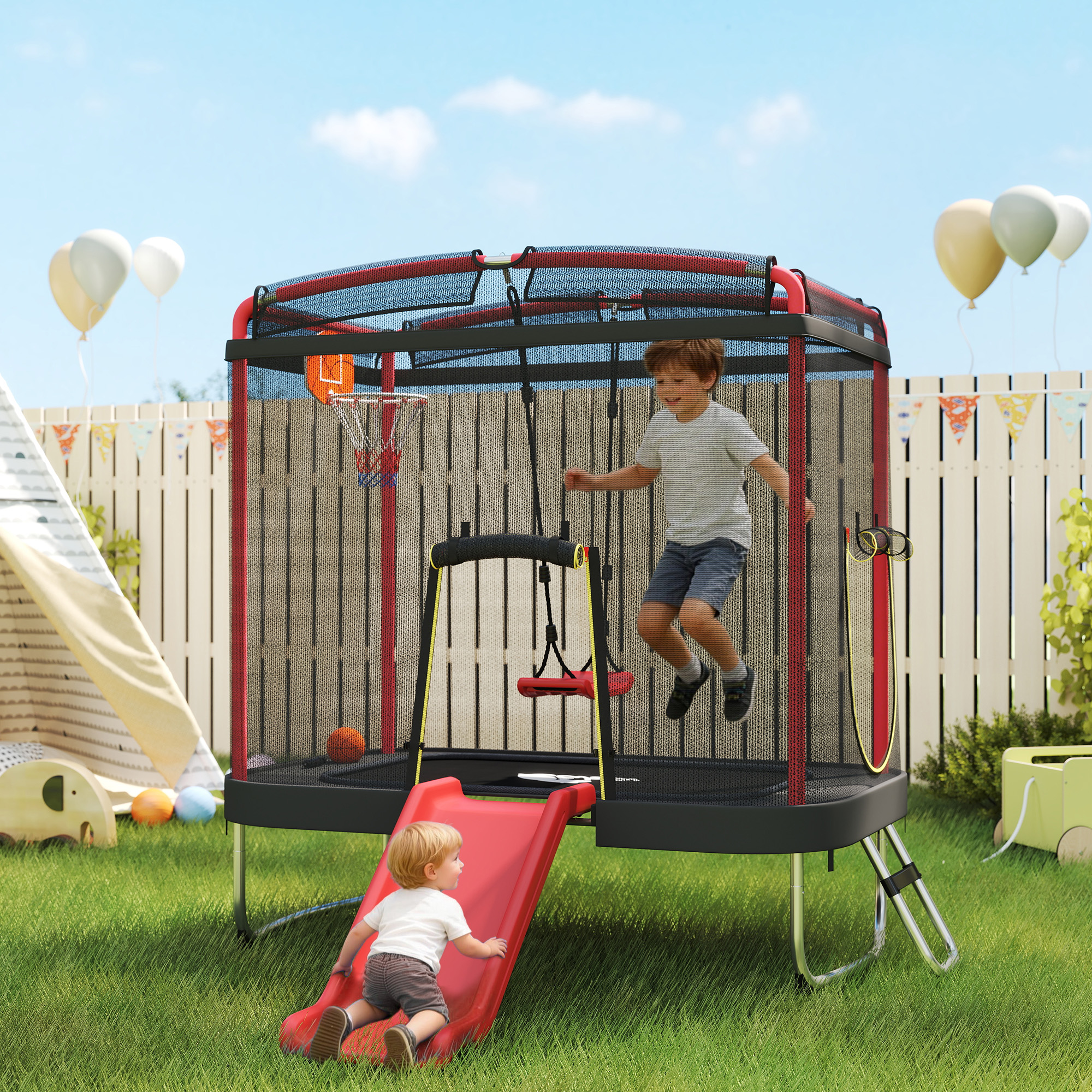 Trampoline 4x6pi enfants, glissière, balançoire, filet sécu
