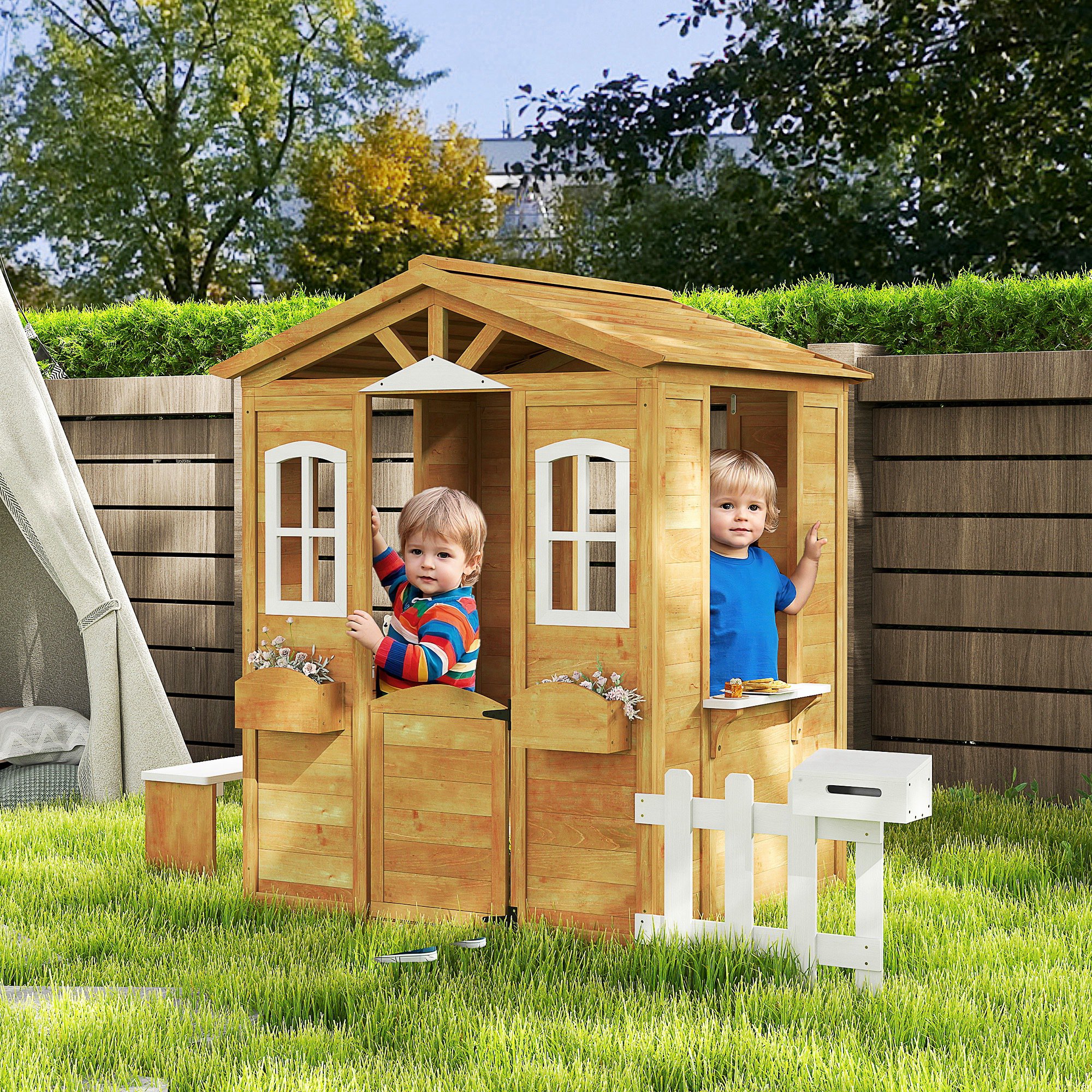 Maisonnette extérieure bois avec portes, fenêtres, 3-6 ans