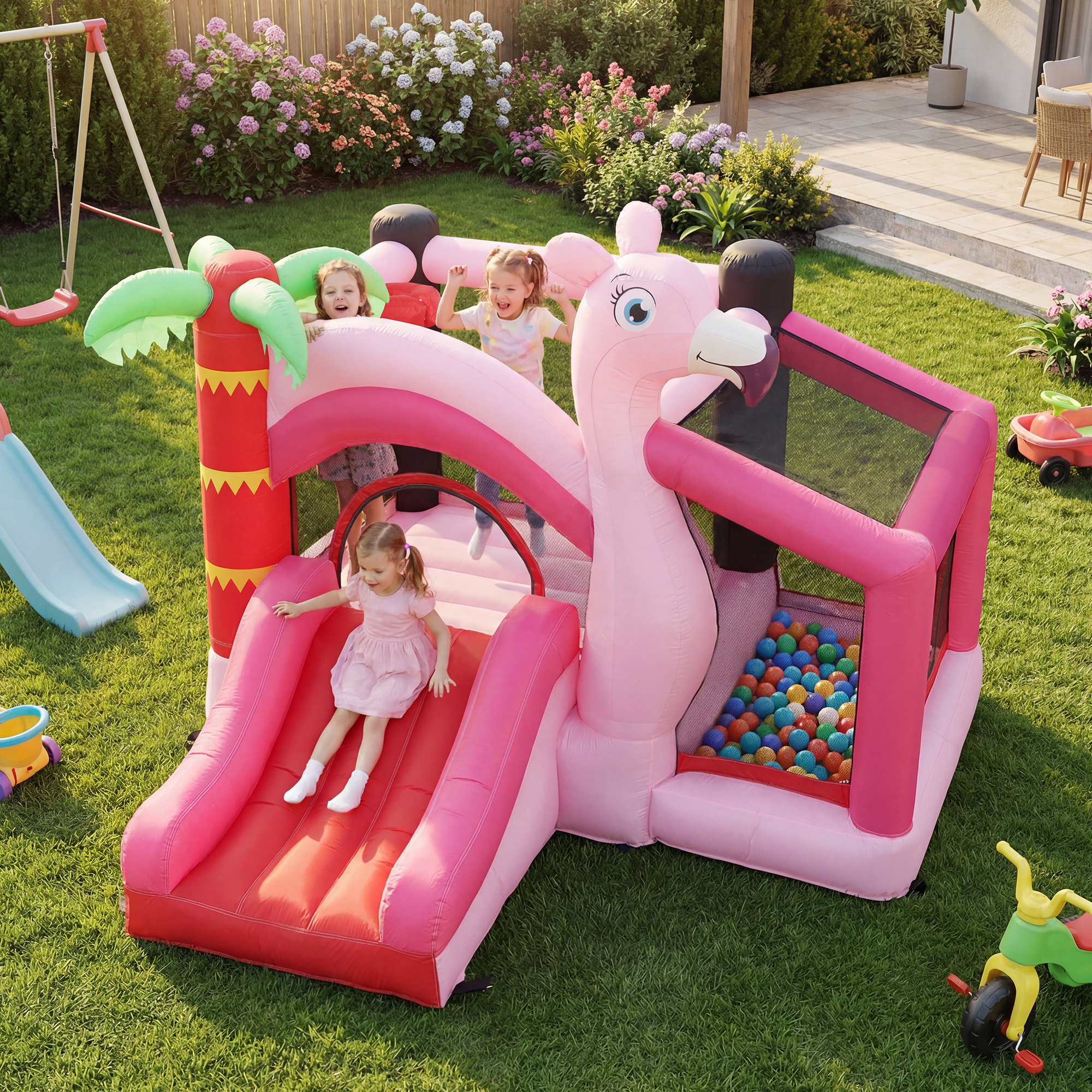 Château gonflable piscine balles panier basketball rose