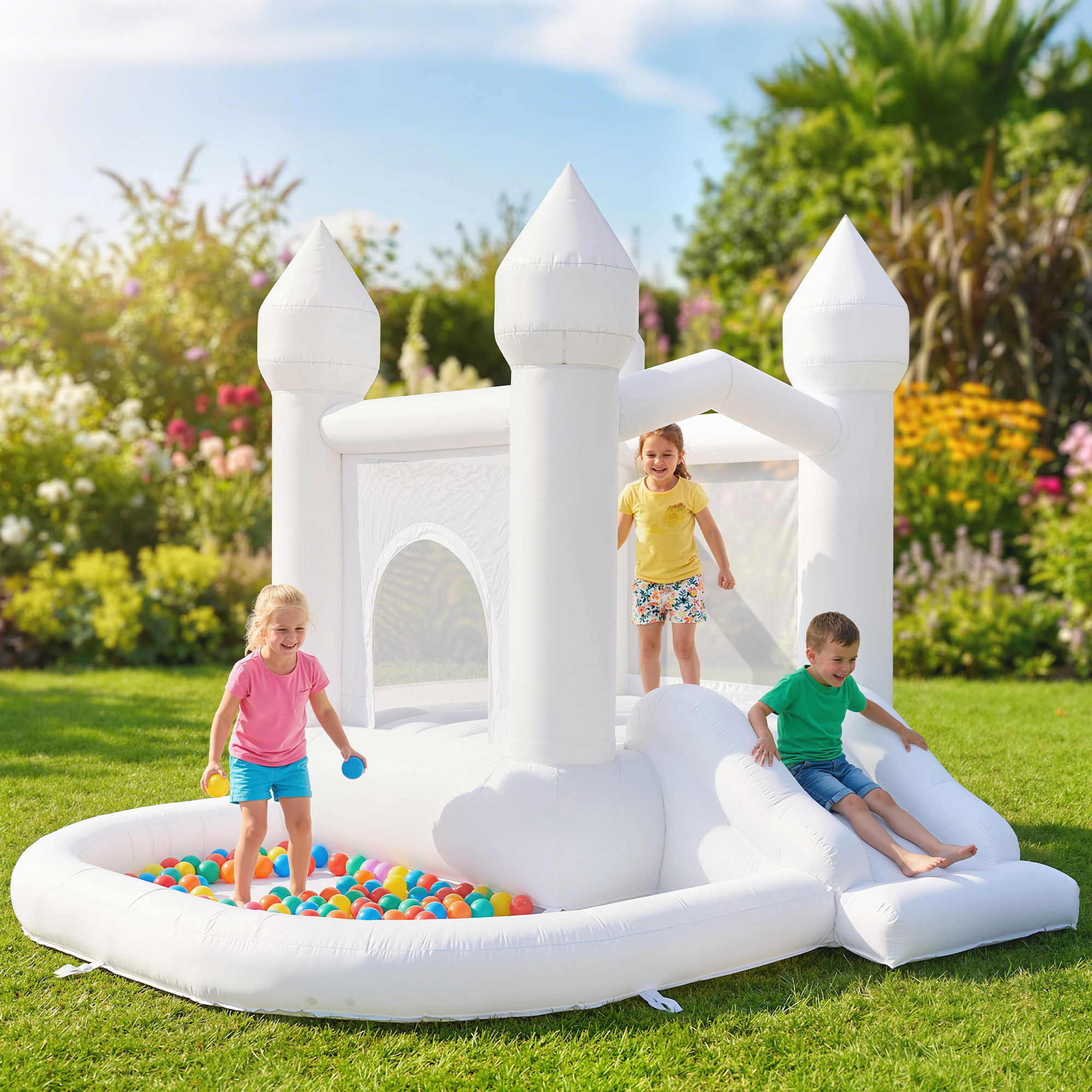 Château gonflable 3 en 1 toboggan fosse balles bleu