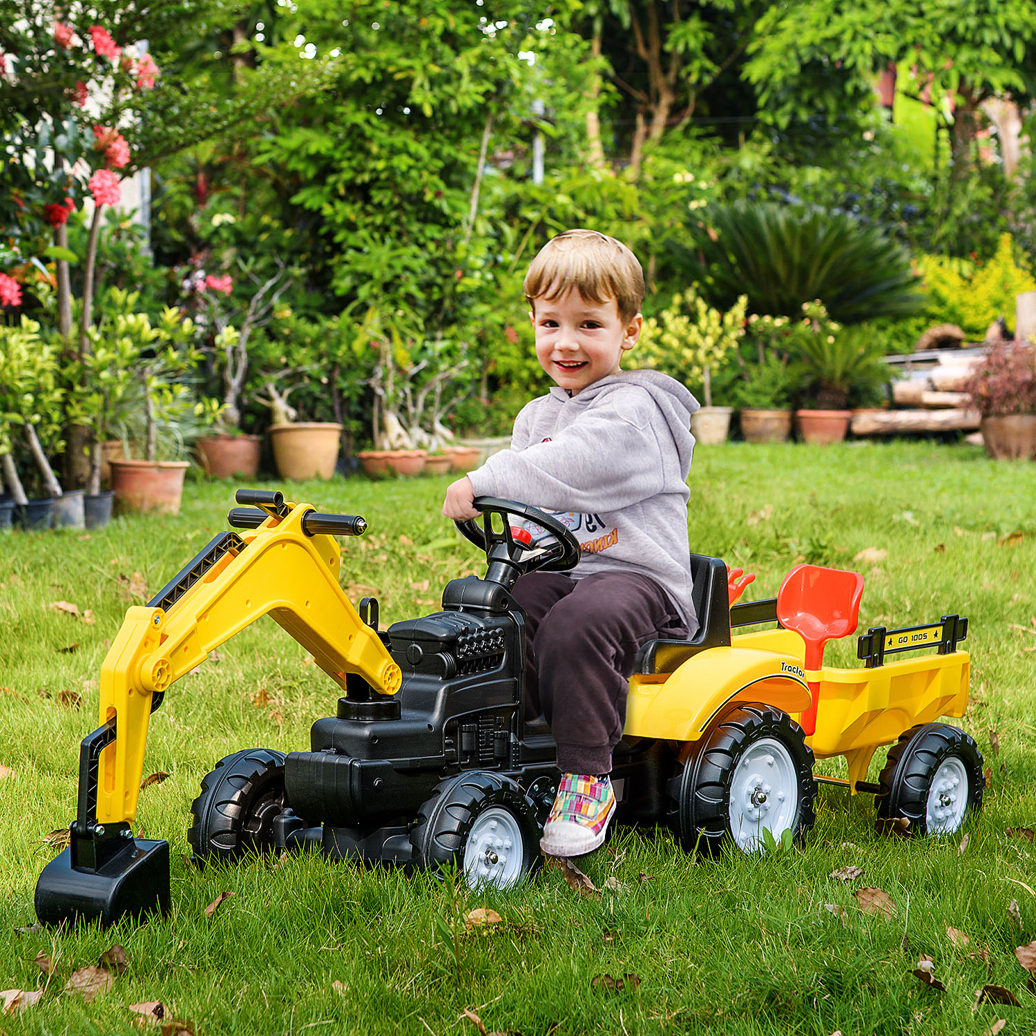 Véhicule excavateur enfants 6 roues remorque détachable jaune